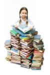 girl sitting on stack of books